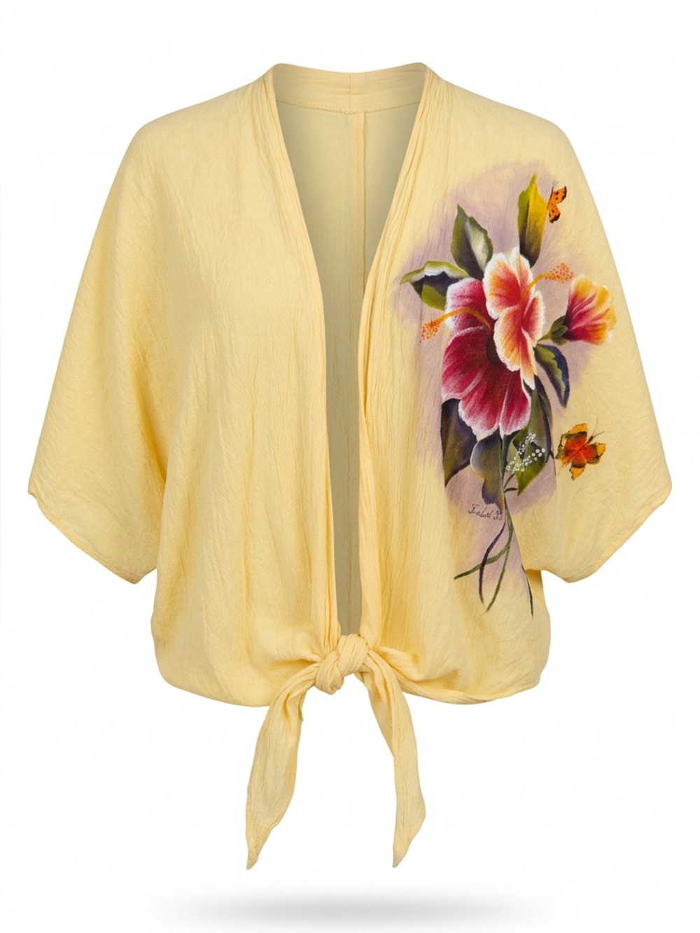 Dunes Light Yellow Floral Tie-Front Kimono Top #164